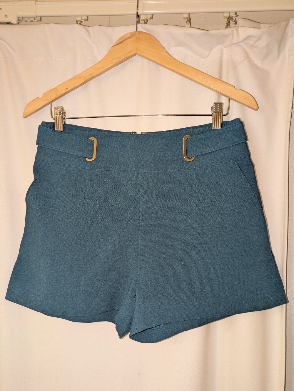 Marciano Teal High-Rise Shorts with Gold Buckle Accents